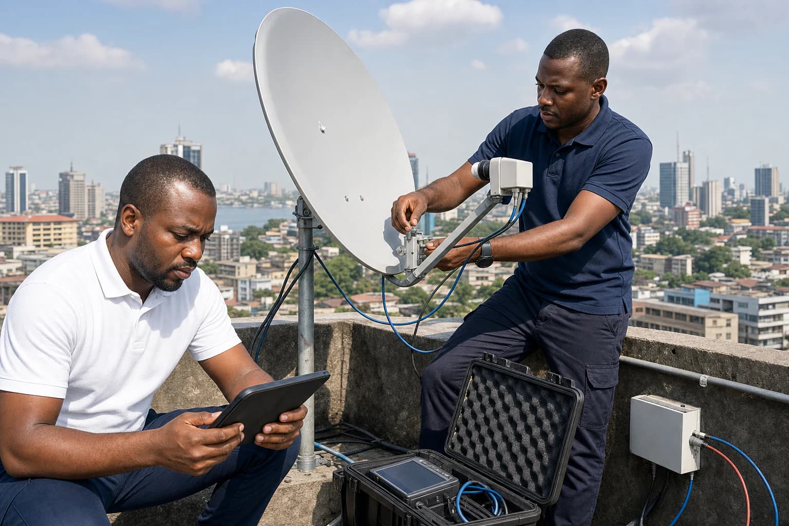 Techniciens en intervention sur une antenne satellite et des équipements de connectivité