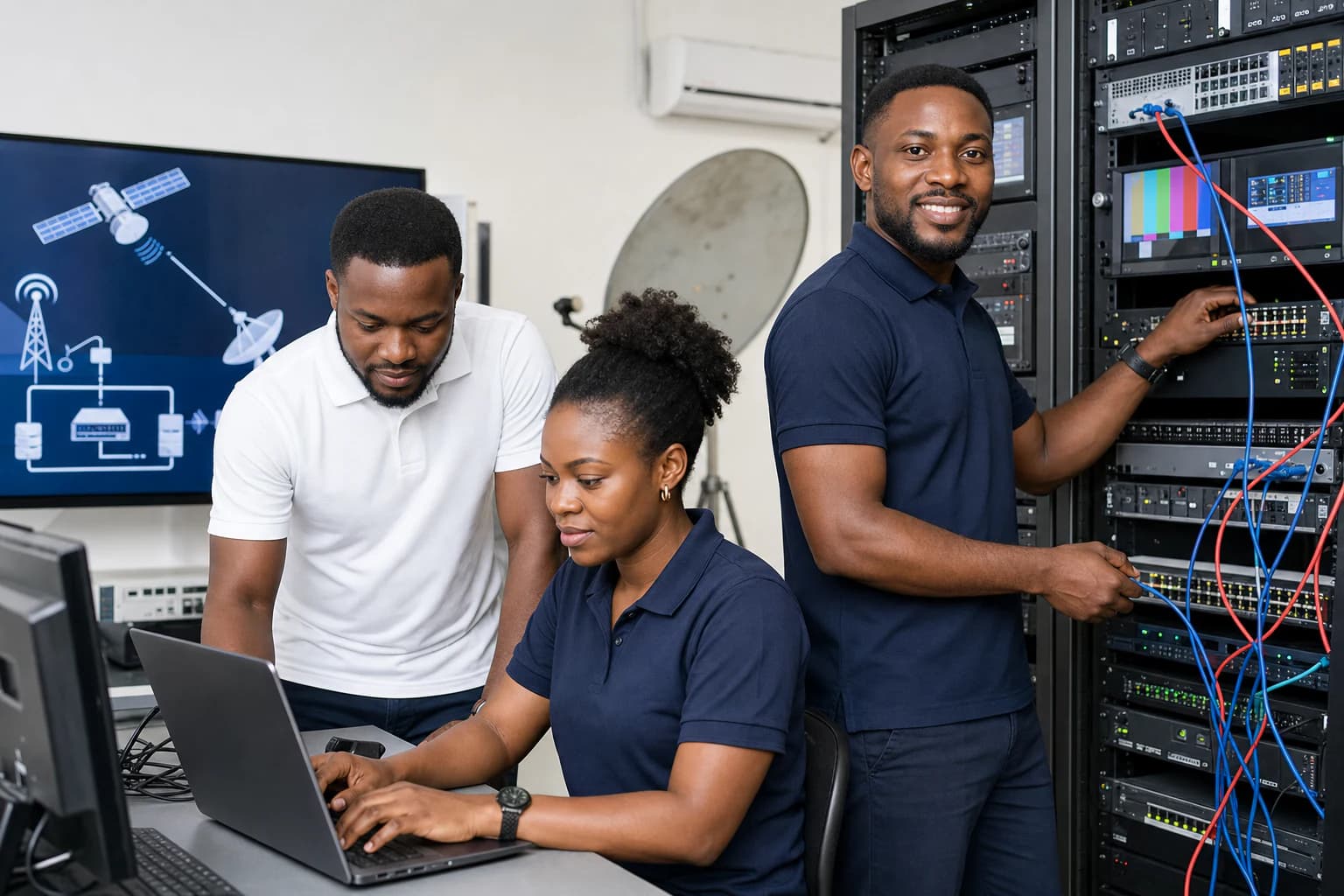 Équipe technique ISI Broadcasting travaillant sur des équipements de diffusion et de réseau