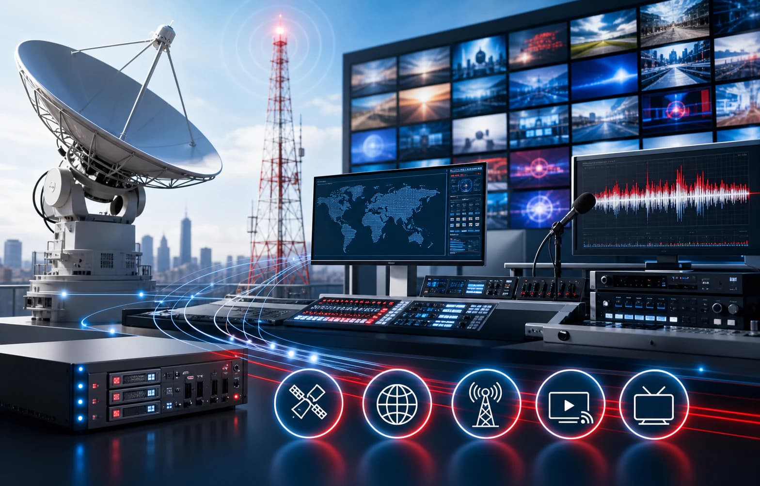 Antenne satellite, pylône et monitoring pour diffusion TV et radio numérique