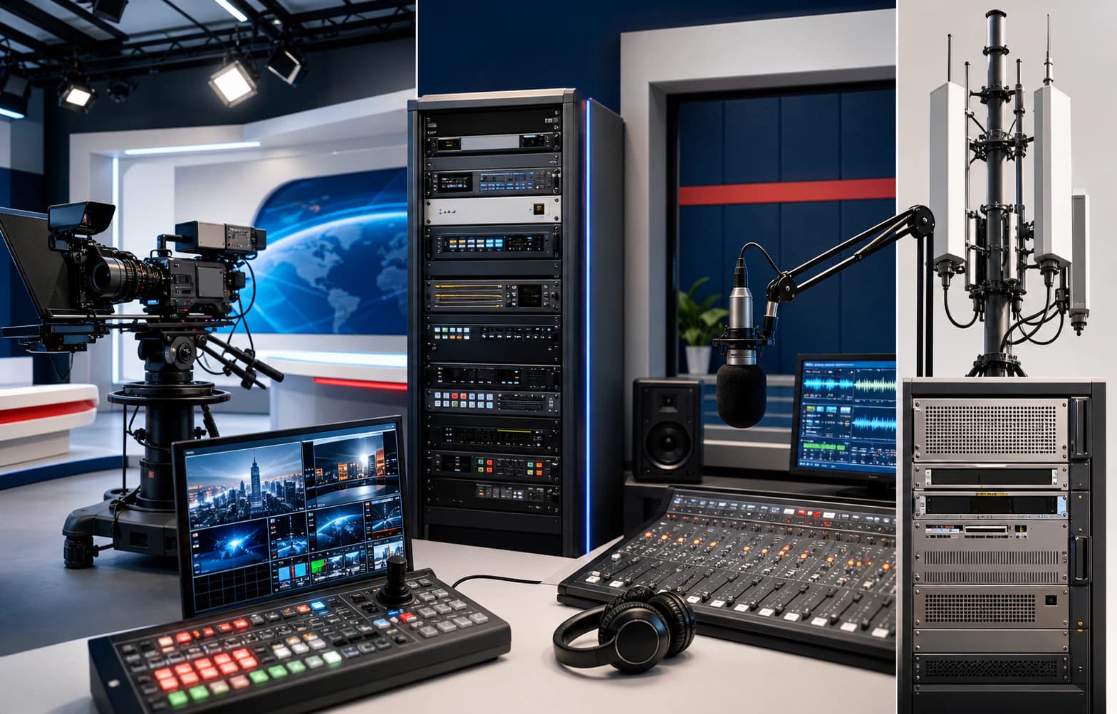 Technicien, studio et rack d’équipements pour installation de station TV et radio