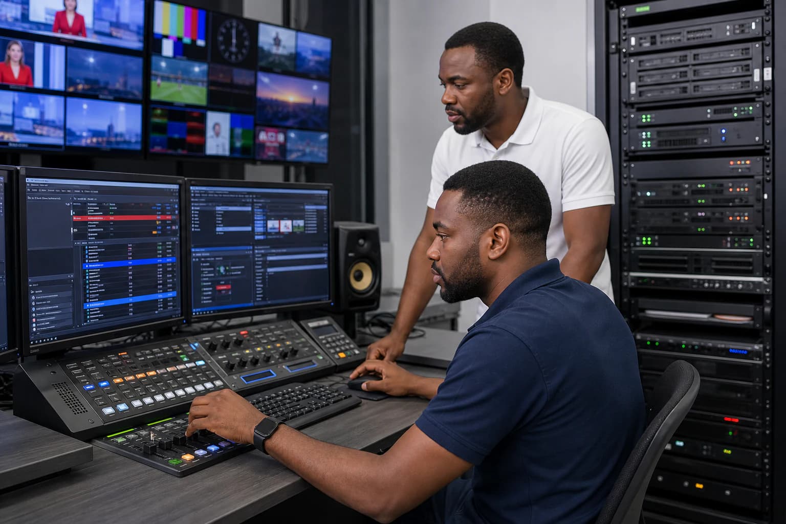 Régie de playout avec serveurs, écrans de monitoring et techniciens broadcast